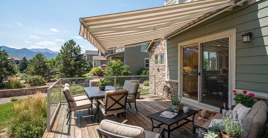 7 Ways to Keep Your Deck or Patio Cool This Summer retractable awning cooling west-facing Denver deck at 2pm - 7 Ways to Keep Your Deck or Patio Cool This Summer