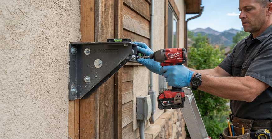 How to Choose a Reliable Awning Company How to Choose a Reliable Awning Company - factory-trained installer mounting retractable awning bracket into wall framing