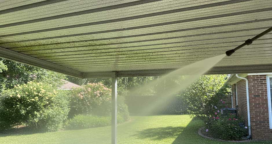How to Clean Aluminum Awnings Pressure washer cleaning covered patio ceiling outdoors - How to Clean Aluminum Awnings