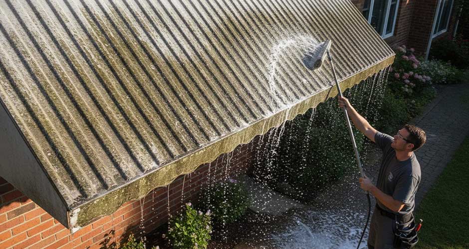 Man cleaning corrugated roof with water hose - How to Clean Aluminum Awnings