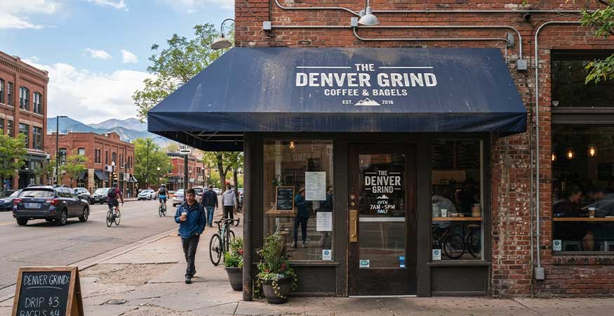 Installing a Business Awning: 8 Things to Get Right First branded vinyl awning with printed logo on Denver storefront - Installing a Business Awning: 8 Things to Get Right First