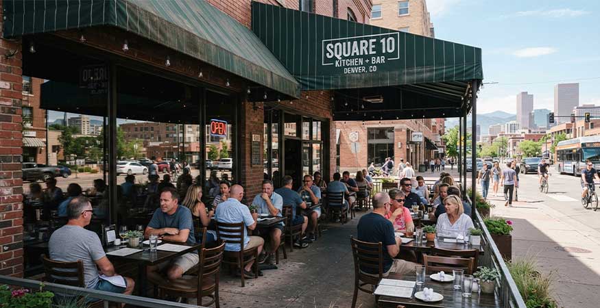 covered restaurant patio seating under commercial awning