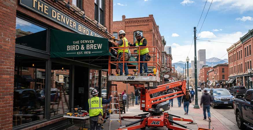 installer crew mounting commercial awning with lift