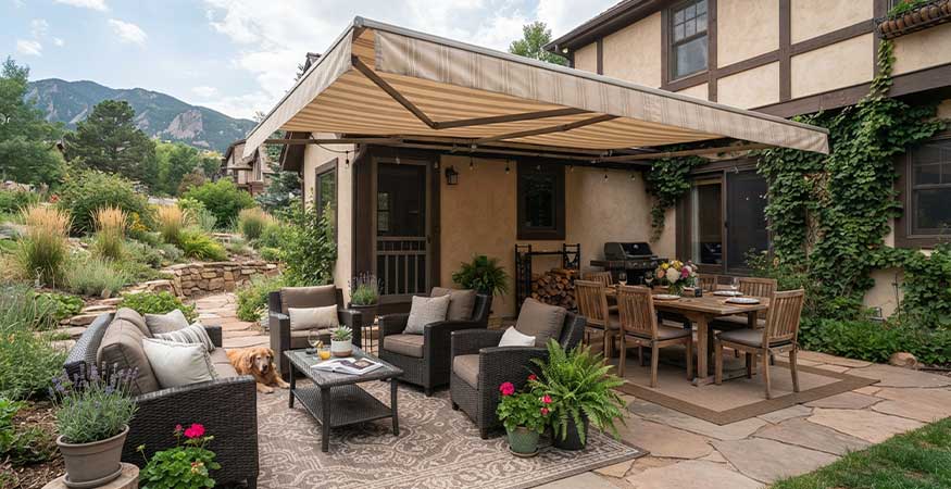 Outdoor Living Space Ideas - zoned outdoor living space under retractable awning Denver