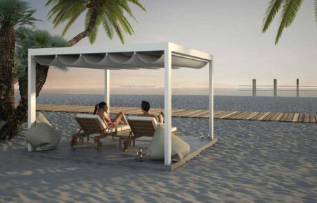 Relaxing under a beach cabana by the sea.