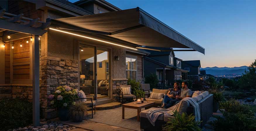 LED strip lighting integrated in retractable awning front bar at dusk
