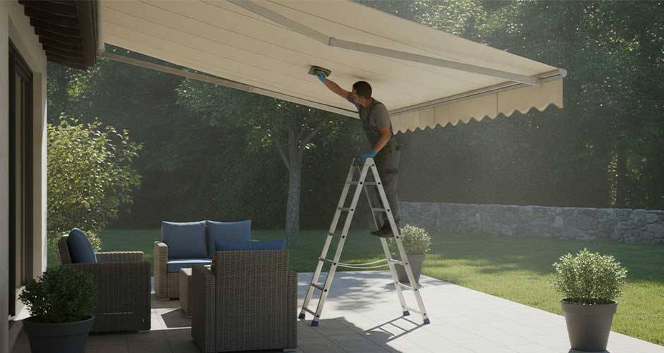Man cleaning patio awning on ladder - Retractable Awning Maintenance Tips