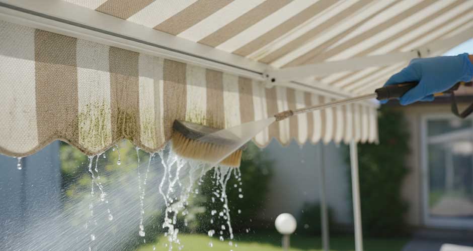 Retractable Awning Maintenance Tips Pressure washing striped patio awning with brush - Retractable Awning Maintenance Tips