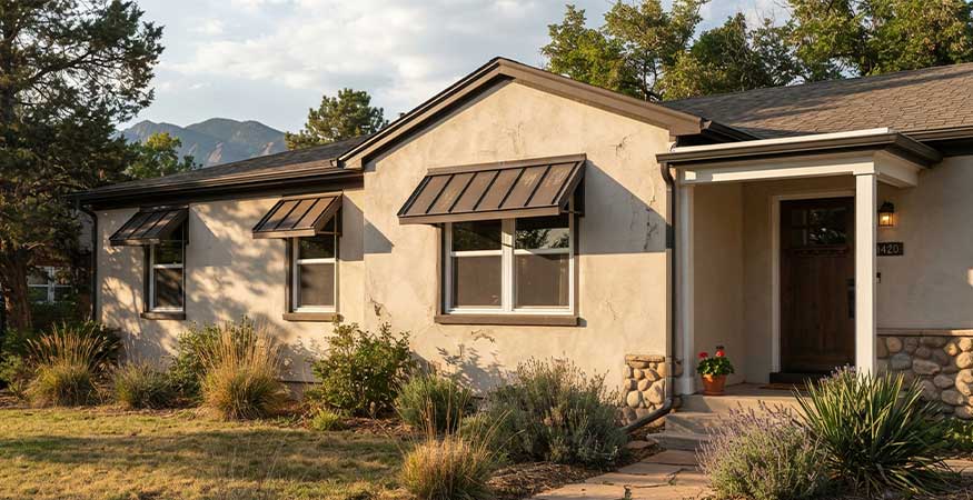 fixed aluminum window awnings shading west-facing windows Denver