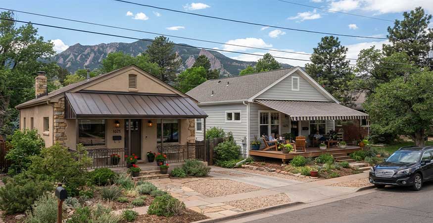 Retractable or Fixed Awning Retractable or Fixed Awning - side by side fixed metal awning and retractable fabric awning on Colorado homes