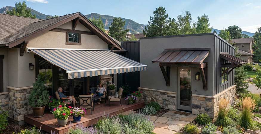 The 9 Types of Awnings - retractable awning and fixed metal awning side by side