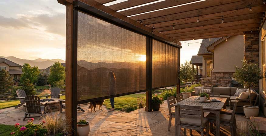 drop shades closing patio edge against low western sun