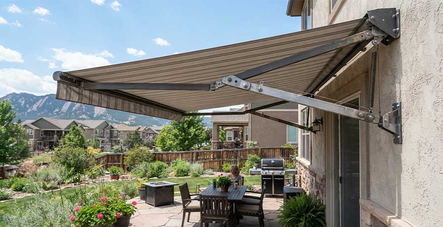 retractable awning lateral arm mechanism extended over Denver patio - The Pros and Cons of Retractable Awnings
