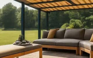 Outdoor patio with a comfortable sofa overlooking a lush green lawn, providing a relaxing space with effective shading solutions. Tips for Shading Your Patio.