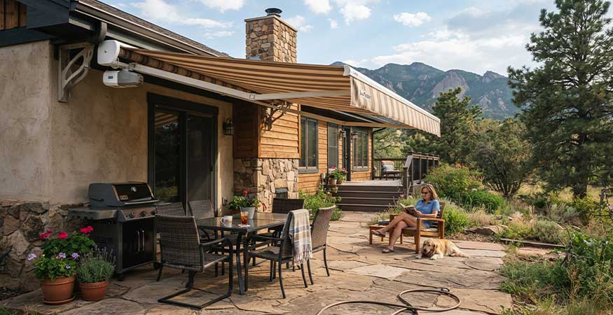 What Are the Benefits of SunSetter Awnings SunSetter motorized retractable awning extended over Denver patio - What Are the Benefits of SunSetter Awnings