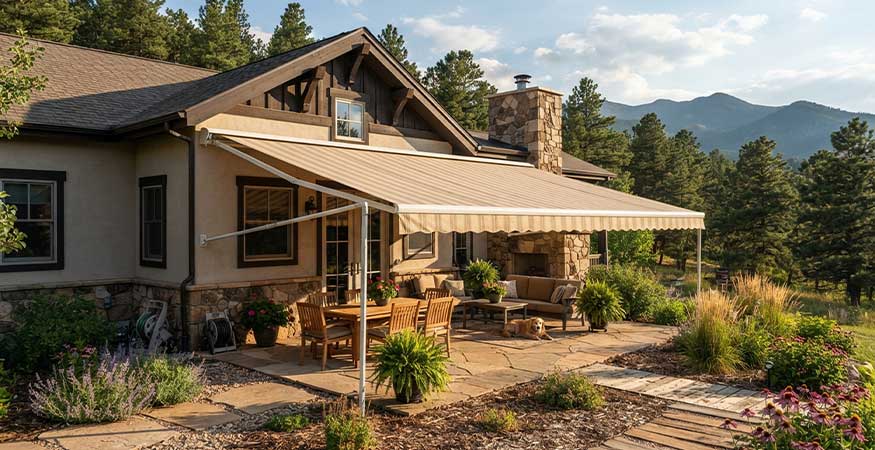 Mountain home patio with striped awning and garden