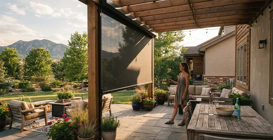 What Is an Outdoor Shade for Homes motorized drop shade lowering on west patio edge Denver