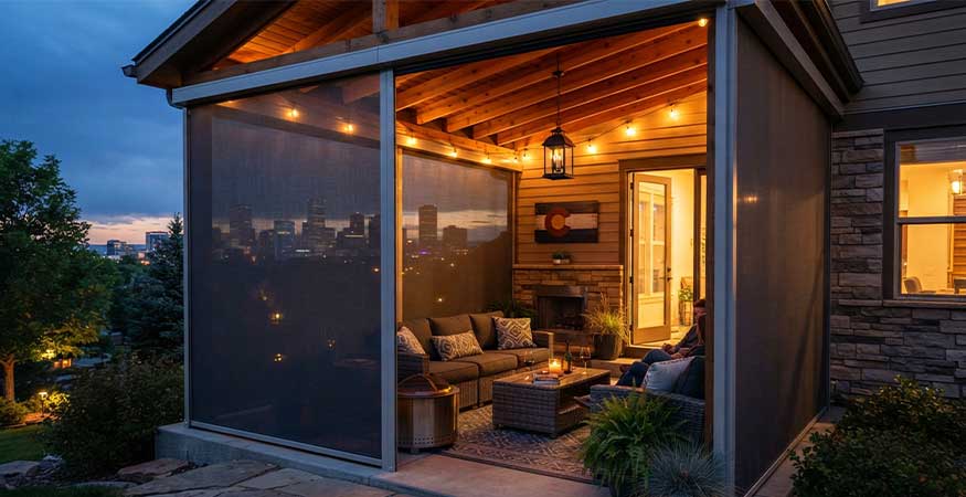 patio enclosed by track-guided outdoor shades at dusk