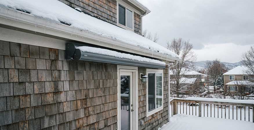 Winter Awning Maintenance retracted awning cassette under snow on Denver home - Winter Awning Maintenance