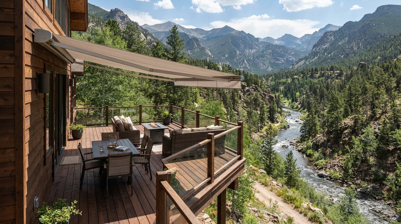 awnings-bailey-co retractable awning on Bailey Colorado deck above the North Fork