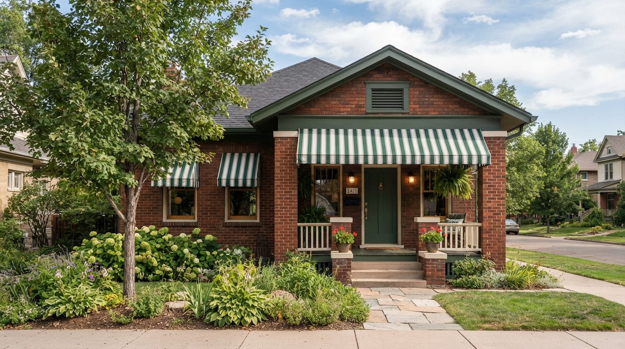 awnings-englewood-co matched window awnings on brick Englewood bungalow