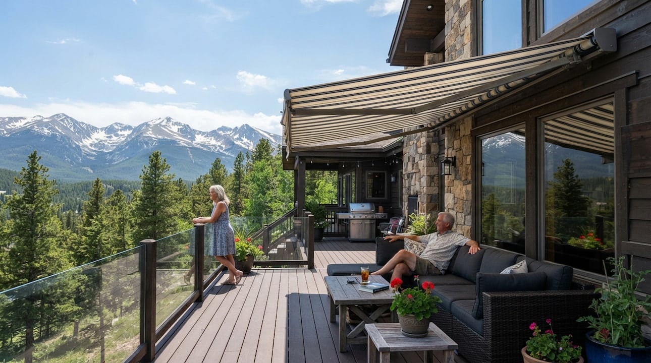 awnings-evergreen-co retractable awning on Evergreen mountain home deck near Hiwan
