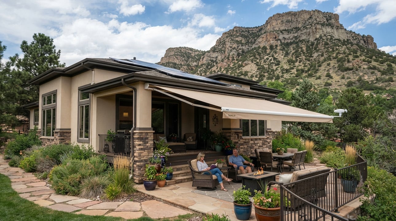 awnings-golden-co wind sensor retractable awning on Golden home below North Table Mountain