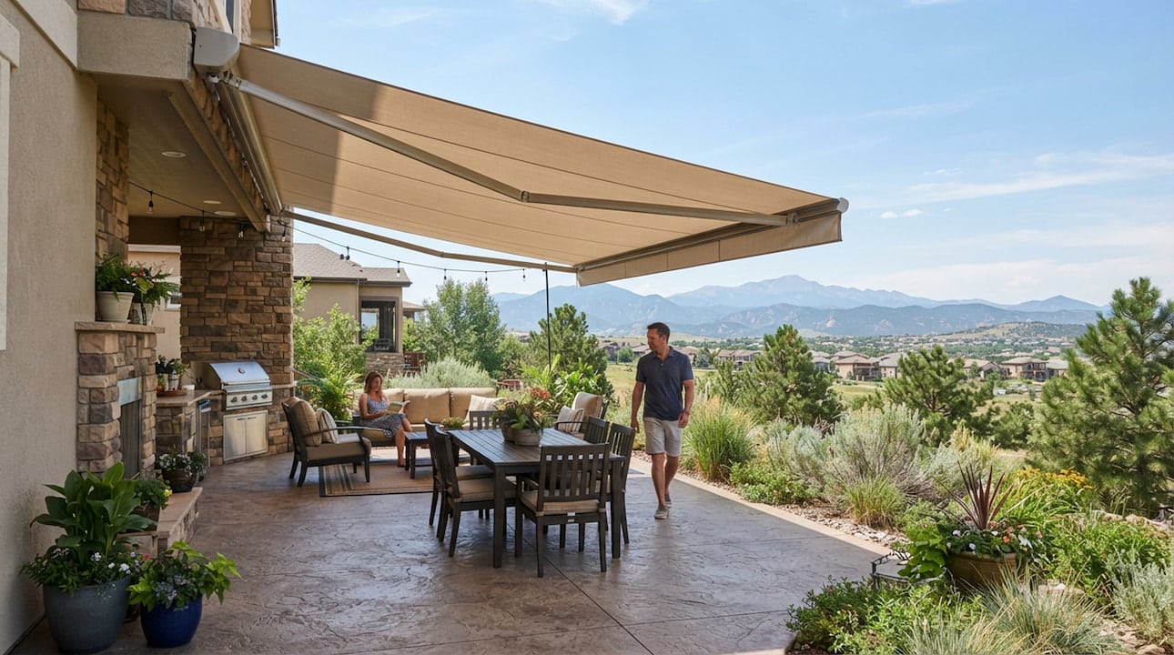 awnings-highlands-ranch-co motorized retractable awning on open Highlands Ranch patio