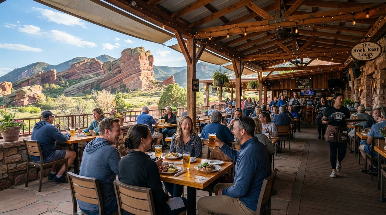 awnings-morrison-co Patrons dining on brewery patio overlooking red rock formations