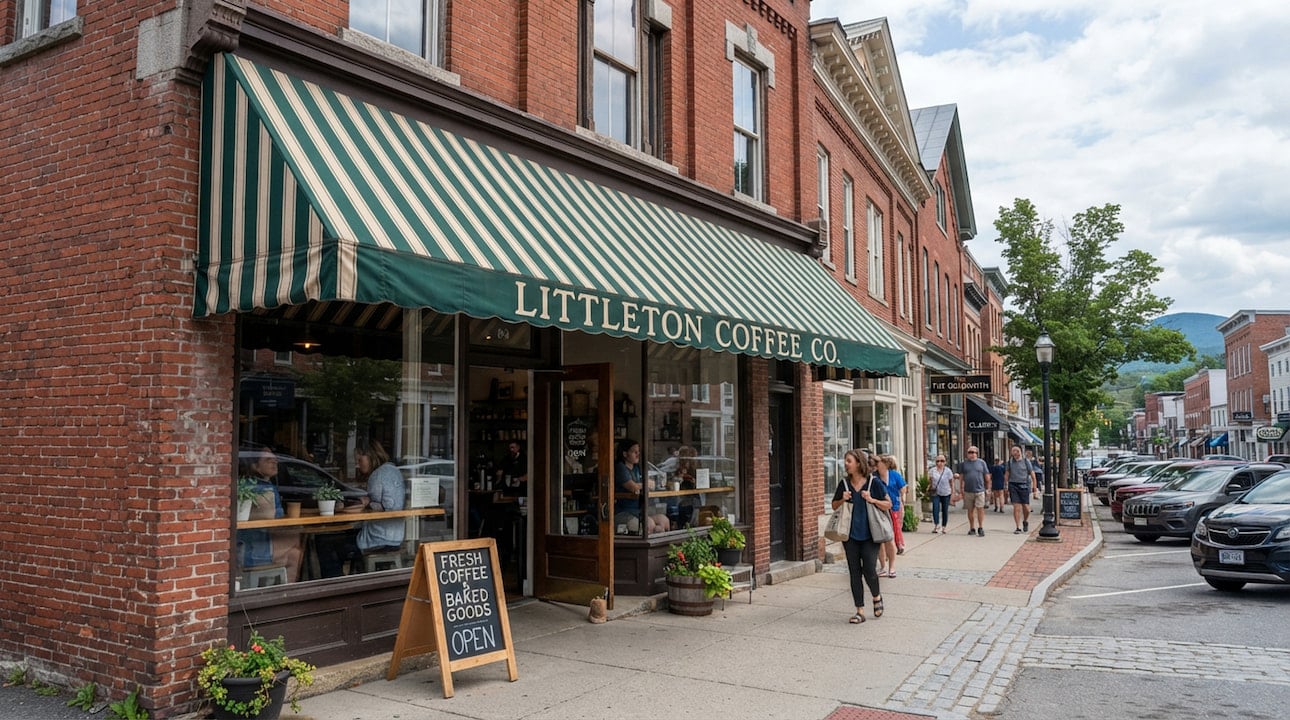awnings-littleton-co striped fabric awning on historic Littleton Main Street storefront