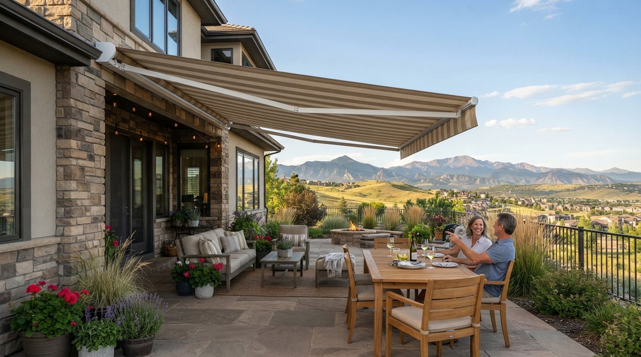awnings-lone-tree-co motorized retractable awning on RidgeGate patio in Lone Tree