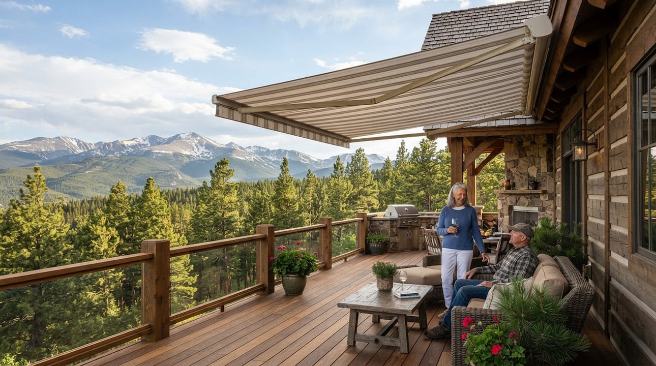 awnings-pine-co retractable awning on Pine Colorado mountain home deck