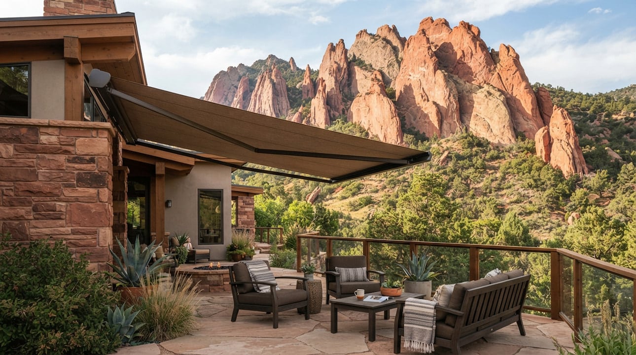 awnings-roxborough-co earth-tone retractable awning against Roxborough red rock backdrop