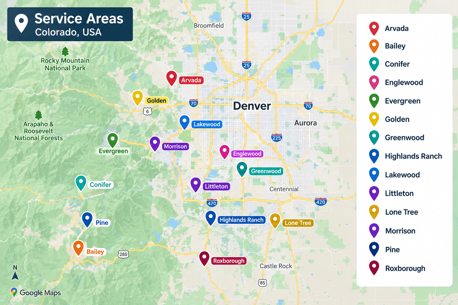 Colorado service area map with 14 labeled location pins